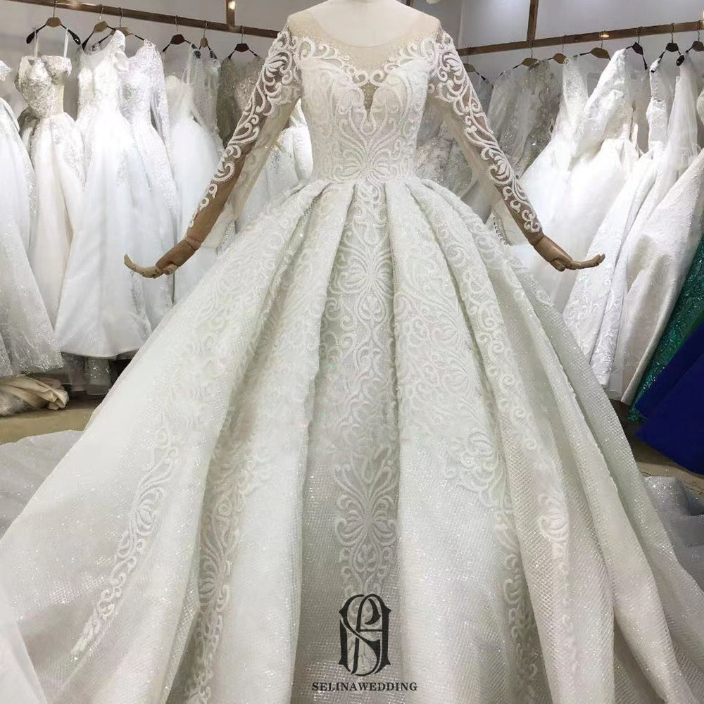 Round-Neck Long Sleeves Lace Applied Glitter Wedding Dress Selina202261602