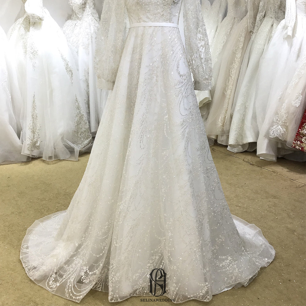 2022 Bride Wedding Dress Lace White Long Sleeves Round-neck selina2022062320