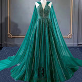 2023 Women's Luxury Green Evening Gown with sleevesless Beaded Gauze Lace Evening Dress Selina2023042503
