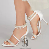 2023 Women Pearls High Heel Sandals Wedding Bridal Party Dress Shoes White Pearl Ankle Strap Open Toe Sandals selina2023050807