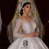 V-Neck Long Sleeves Lace Applied Glitter Satin Wedding Dress selina202241801