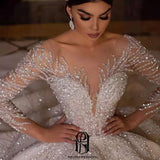 V-Neck Long Sleeve Lace Appliquéd Glitter Wedding Dress