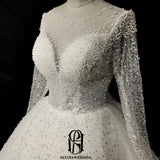 Long Sleeves Round Neck Pearl Beaded Lace Bride Wedding Dress selina202241828