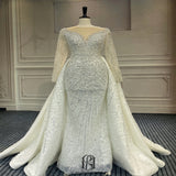 women's long sleeves backless V-Neck wedding dress wih detachable train bridal gown mermaid wedding dress selina20227213