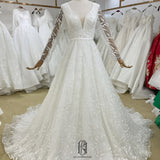 High Quality Elegant Wedding Bridal Dress Lace Long Sleeves V-neck selina2022062405