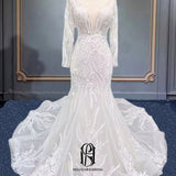 2023 Wedding Dresses for Bride with Lace Appliques V-neck Women Dress Long Sleeves Bride Dress Purewhite Selina2023418003
