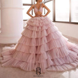 Pink Prom Dress Lace Ball Gown Formal Evening Gown V-Neck backless Long Prom Dresses