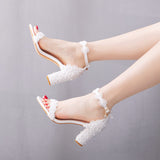 Full Pearls High Heel Sandals Wedding Bridal Party Dress Shoes White Pearl Ankle Strap Open Toe Sandals selina2022092112