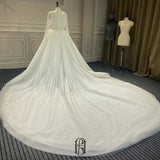 Women's Round Neck Long Sleeves Stripe With Detachable Train Wedding Dress For Bride selina2022081660