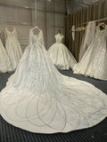 V-Neck Long Sleeves Lace Applied Glitter Satin Wedding Dress Selina20220919