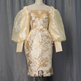 2022 Elegant Mermaid Long Puff Sleeves Satin Evening Dress Prom Dress selina2022531120